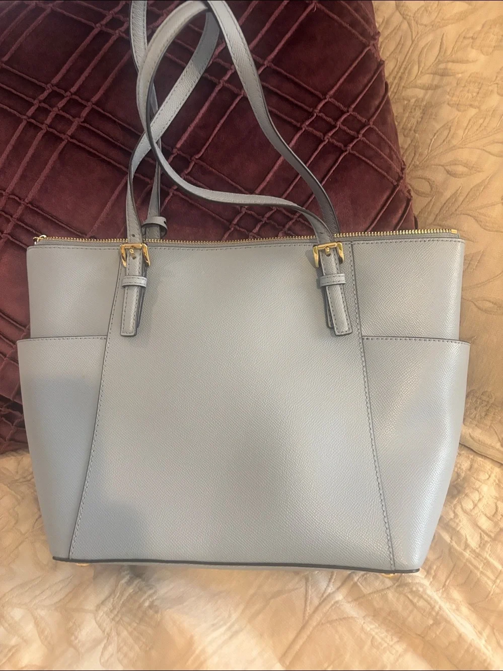 Michael Kors Pale Blue Saffiano Leather Tote with Gold MK Charm